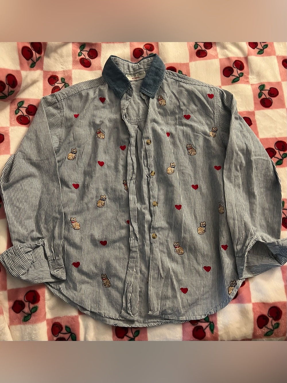 🐱 Petite Striped Button-Up Shirt w/ Heart & Orange Cats in Bowtie Embroidery 🐈
